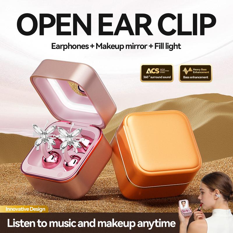 CHENRUIDA Open Ear Bluetooth Earbuds with Bow Ear Jewelry, Makeup Mirror Jewelry Case, Wireless Ear Clip Headphones, Perfect for Workouts, Office, Travel and Fashion Lifestyle
