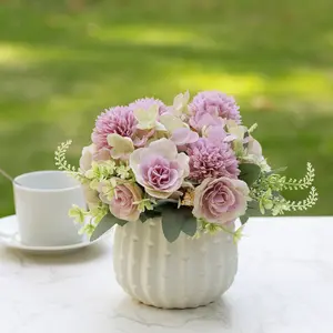 ENOVA FLORAL Potted Artificial Silk Rose Flowers in Ceramic Pot, Faux Flowers Arrangement in Vase with Faux Water Mixed Silk Dahlia Fake Flowers in Pot for Table Decor