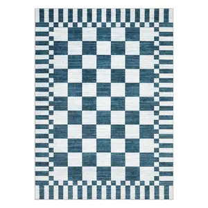 2×6 & Multi-Size Washable Kitchen Runner Rug, Non Slip Blue White Checkered Low-Pile Soft Geometric Modern Rug for Hallway Entryway