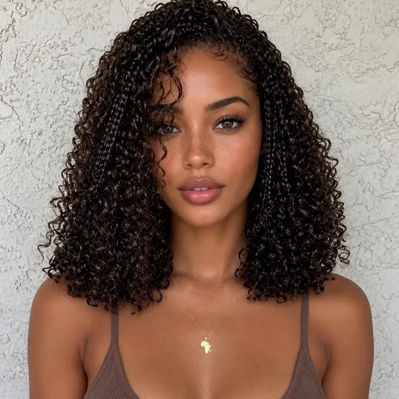 Brown Boho Short Bob Braided Wig, Lace frontal Human Hair Wig for Women