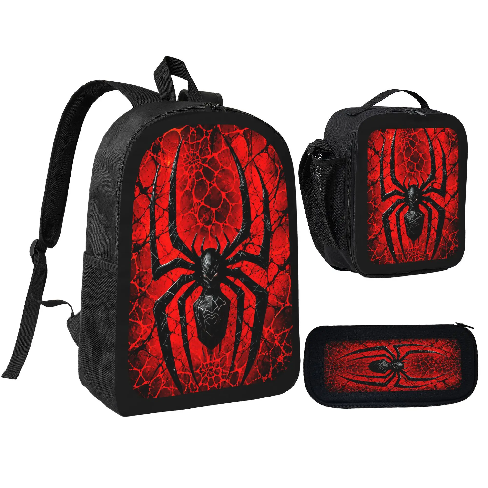 Gothic Dark Spider Symbol 3-in-1 Oxford Backpack Set - 600D Functional Crack Red Pattern School Backpack, Insulated Lunch Bag, Pencil Case for Boys Teens