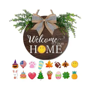 Interchangeable Welcome Sign for Front Door Wooden Farmhouse Wreath with 16 Seasonal Icons  12x12 Inch