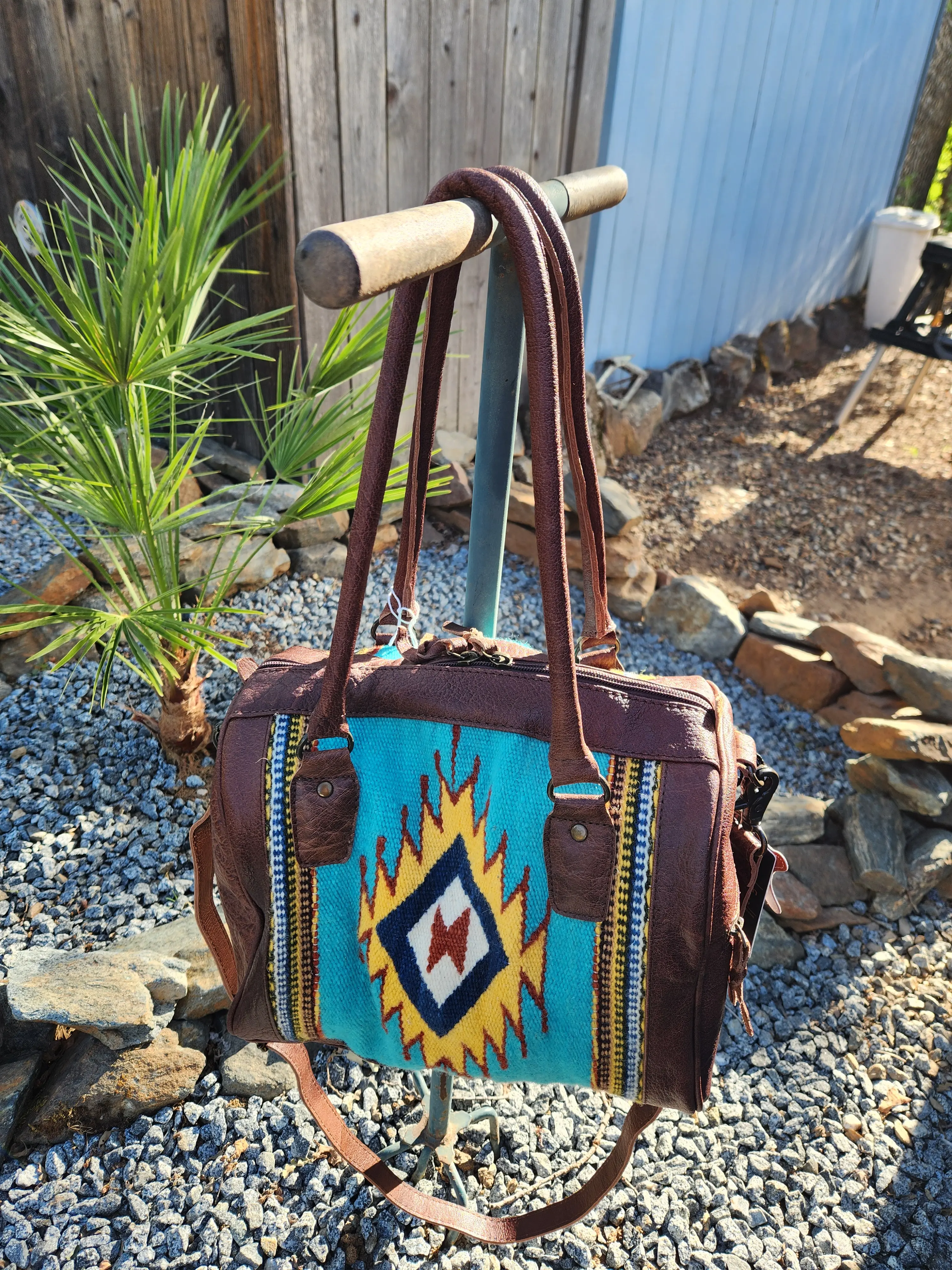 American Darling Handcrafted Hand Woven Saddle Blanket Western Leather Duffel Bag