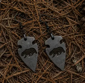 Bear Arrowhead Earrings | Rustic Wooden Dangle Earrings | Wildlife Hunter Jewelry | Outdoor Adventure Gift for Women