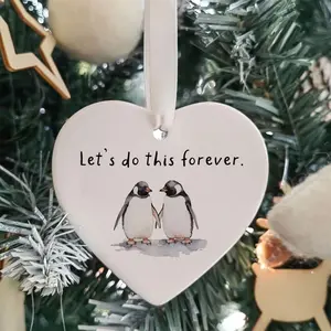 Let’s Do This Forever Penguin Ornament, Heart-Shaped Ceramic Keepsake with Adorable Penguin Design, Romantic Gifts, Penguin Gifts