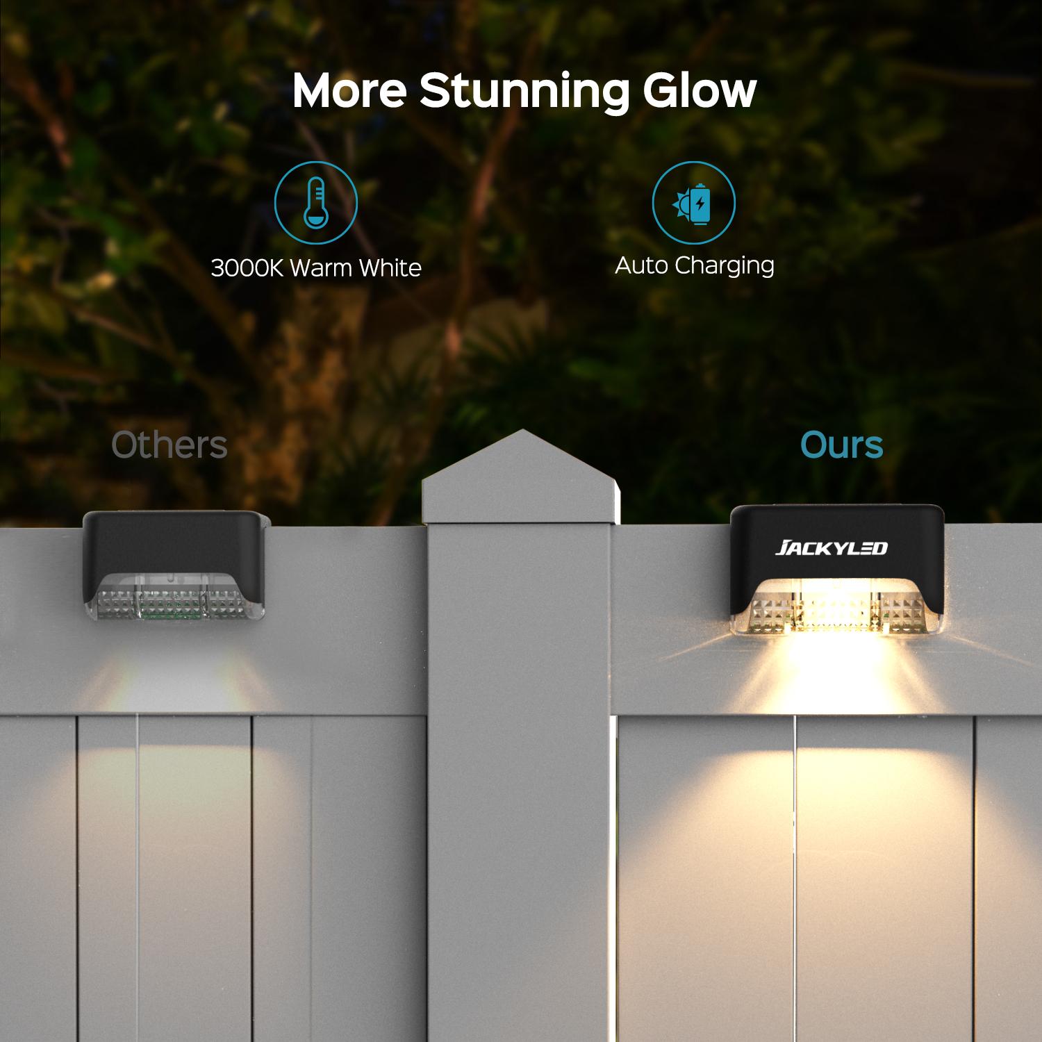 JACKYLED 16 Pack, Step Lights Waterproof LED Solar Power Outdoor Fence Light for Deck Stair Railing, Outside Lighting for Wall Garden Backyard Patio Balcony Decor