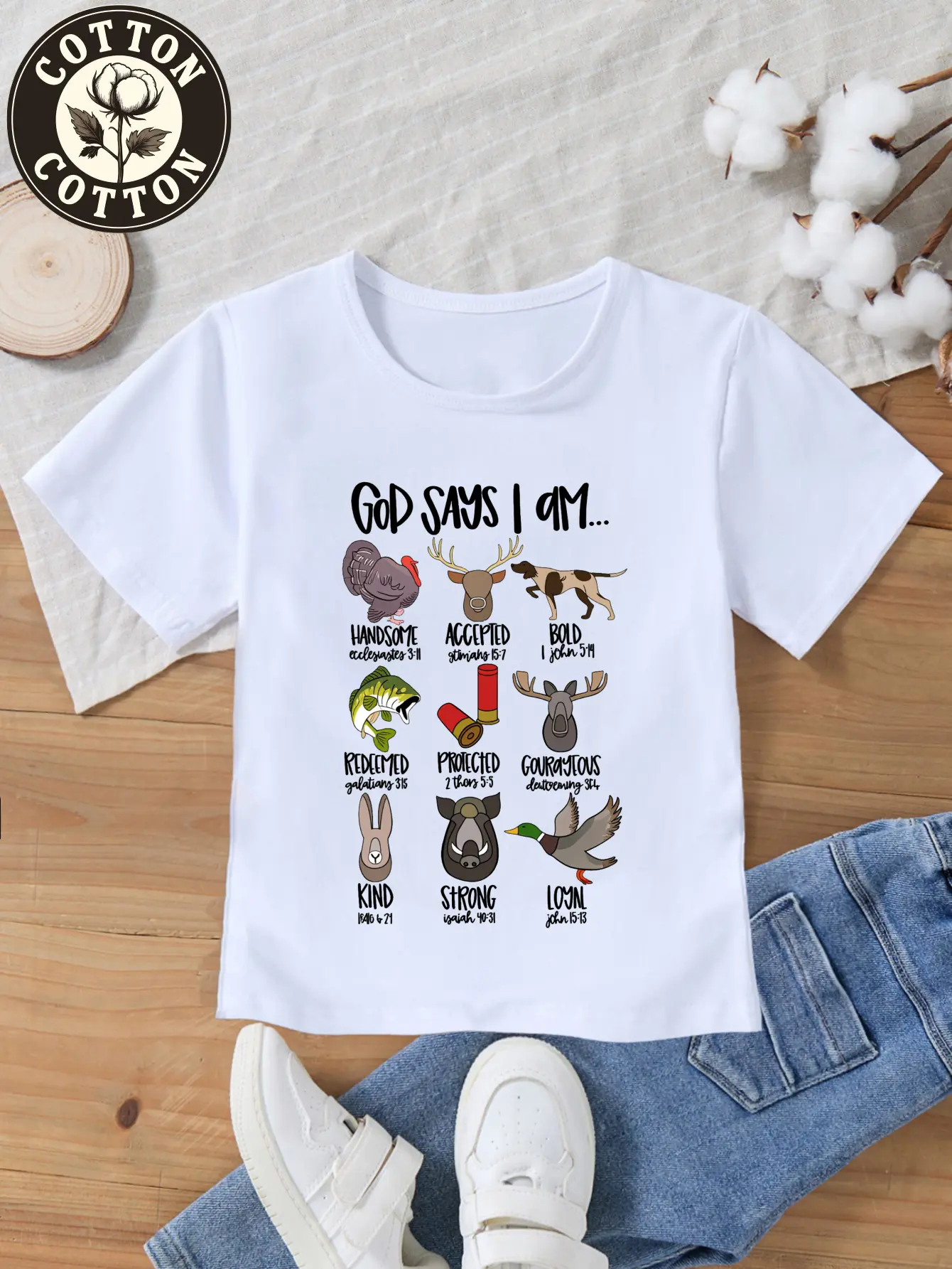 Boys God Says I Am Hunting Animal Graphic T‑Shirt Bible Verse Wildlife Print Short‑Sleeve Crew Neck Casual Tee Shirt for Kids