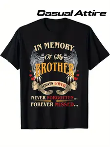 100% Cotton Memorial T-Shirt - "In Loving Memory of My Brother" with Winged Heart Design, Short Sleeve, Crew Neck - Casual & Comfortable for Casual Attire, Brother Memorial Gifts for Family