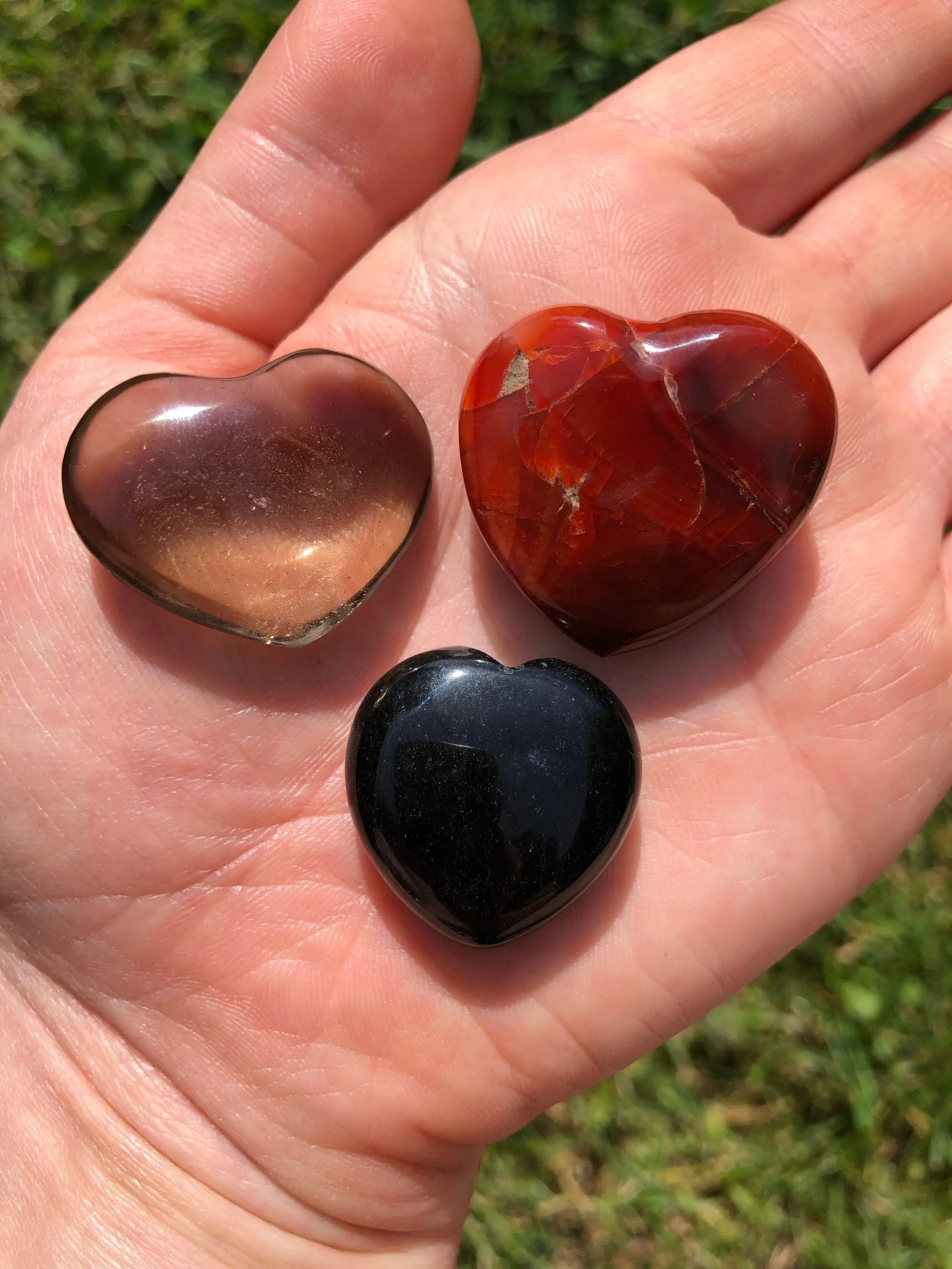 Root Chakra Stone Set of 3 Polished Hearts - Natural Carnelian, Smoky Quartz, Black Obsidian Crystal Hearts