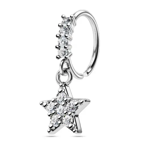 Oufer 20G 0.8mm Stainless Steel Star Pattern Cubic Zirconia Dangle Seamless Hoop Nose Ring, Elegant Everyday Fashion Body Jewelry for Nose Piercings
