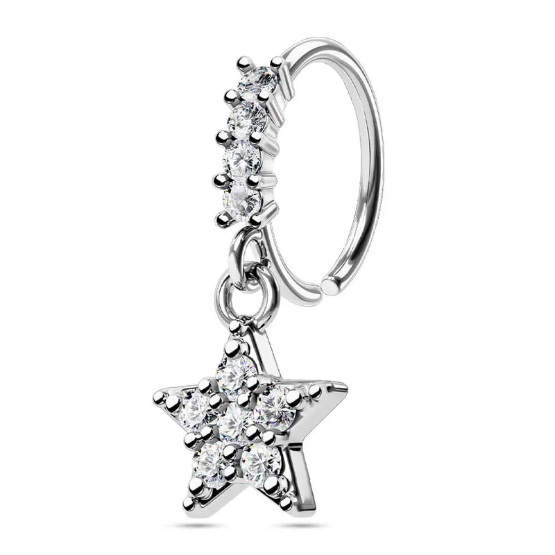 Oufer 20G 0.8mm Stainless Steel Star Pattern Cubic Zirconia Dangle Seamless Hoop Nose Ring, Elegant Everyday Fashion Body Jewelry for Nose Piercings