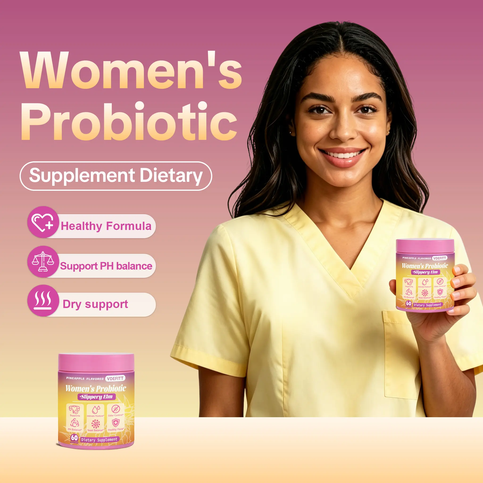 Feminine Wellness Probiotic Gummies for Women | Pineapple Flavor | Slippery Elm, Prebiotics & Lactobacillus | Supports pH Balance, Daily Freshness & Women’s Overall Health | 60 Count