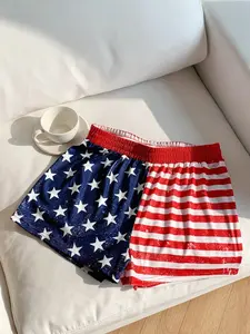 Women's July 4th American Flag Print Casual Shorts, Stars and Stripes Elastic Waist Loungewear Sleep Shorts, Independence Day Summer Home Outfit