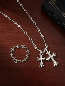 Two-Piece Retro Silver Cross Necklace And Bracelet Jewelry Set, Punk Style, Suitable For Giving To Loved Ones