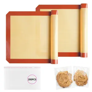 Silicone Baking Mat 2 Pack 15.7"x11.8" Non-Stick Food Safe Reusable Mats & 200Pcs Cookie Bags for Baking & Oven Baking Sheets - Bakeware