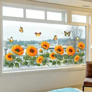 A (30*90cm) spring and summer orange sunflower, flower, and butterfly flat static sticker for decorating window sticker, used to beautify shop windows and home backgrounds, D22163