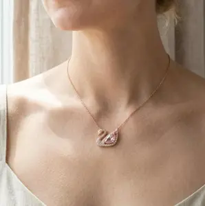 Rose Gold Crystal Swan Necklace - Elegant Romantic Jewelry for Women with Pink Teardrop Gemstone & Sparkling Clear Crystals Clavicle-Length Chain Perfect Gift