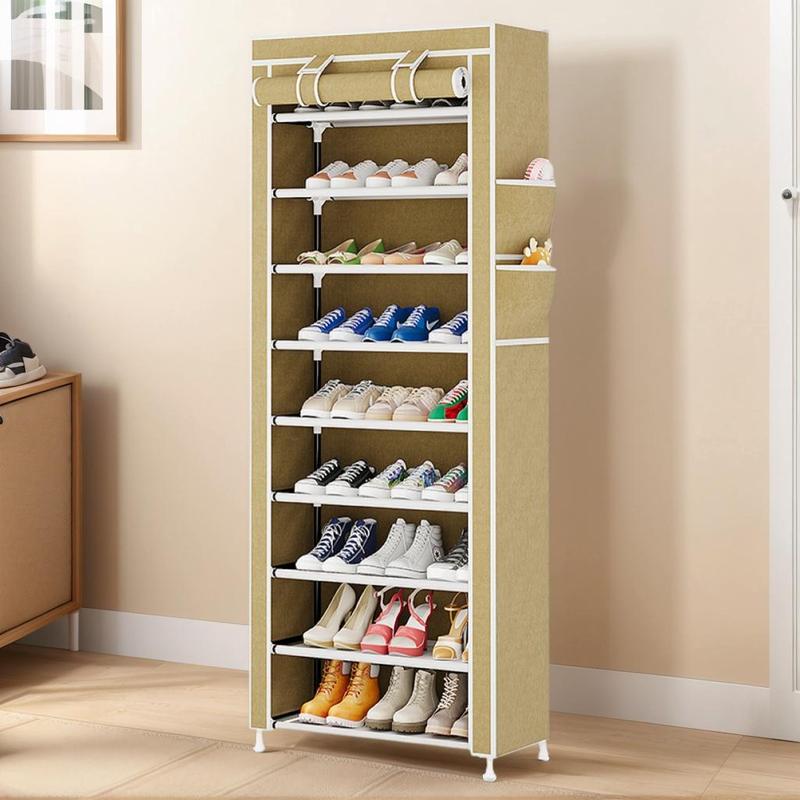 UDEAR 10 Tier Shoe Rack 9 Grids with Dustproof Cover,adjustable standing shelf, high storage rack, dustproof stackable, freestanding shoes organizer, plastic, metal, black, installation, water proof