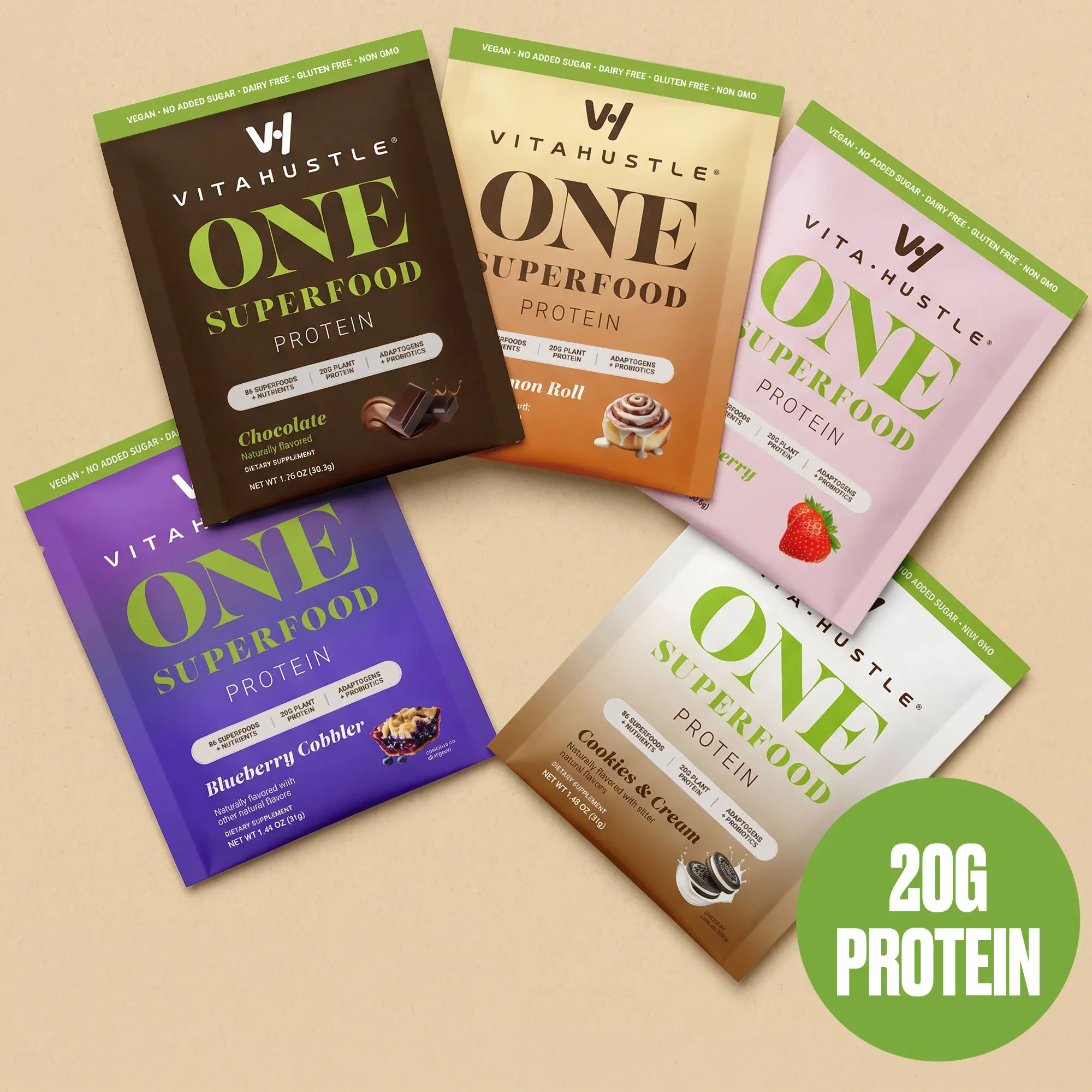 VitaHustle ONE Vegan Protein Powder Sampler Pack - 5 Single Serve Packets (Chocolate, Strawberry, Blueberry Cobbler, Cookies & Cream, Cinnamon Roll) - 20g Protein, Ashwagandha, Daily Vitamins, Superfoods, Pre+Probiotics