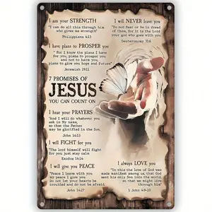 Vintage Aluminum Wall Sign 8x12 Inch Christian Jesus Hand Metal Decor with 7 Promises and God Quotes Inspirational Religious Home Decoration