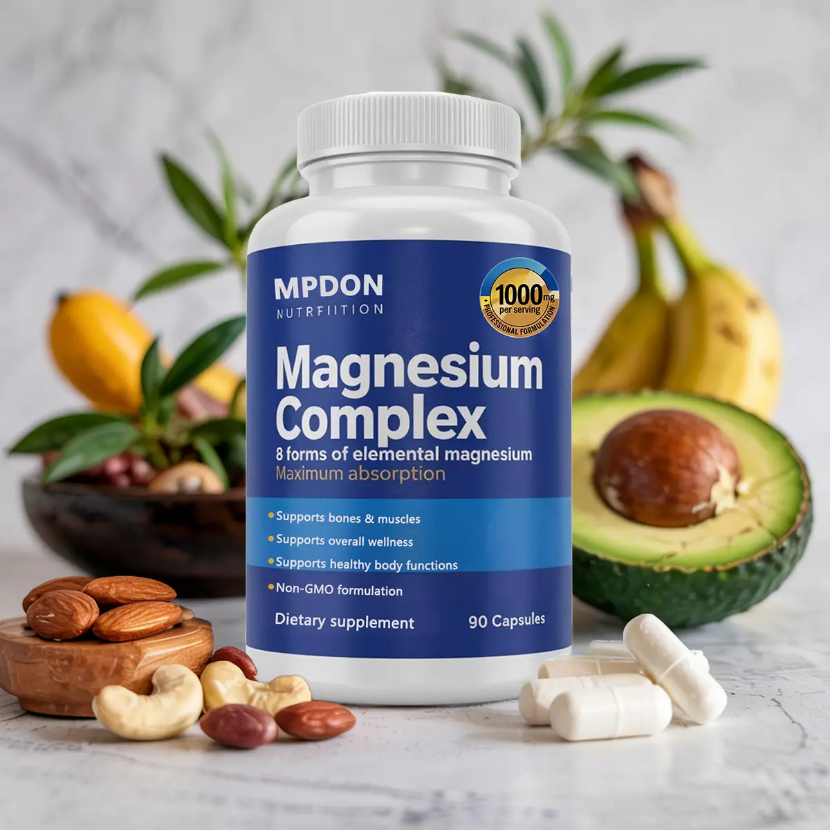 MPDON Organic High Absorption 3-in-1 Capsule Blended Vitamins and Minerals Supplement, 500mg Magnesium Complex with Zinc & Vitamin D3 - Edible Sugar-Free Dietary Supplement for Body Health, Prop 65 Safe - 90 Capsules