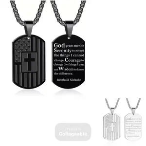 Religious Cross USA Flag Dog Tag Pendant Necklace - Engrave Serenity Prayer - God Bible Verse Spiritual - Double Sided - Unisex - Stainless Steel Jewelry