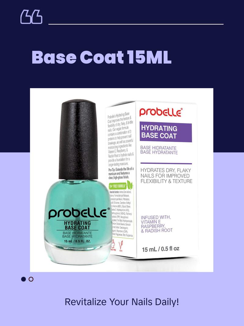 Probelle Hydrating Base Coat for Dry and Brittle Nails, Instant Moisturizer, Nourishes and Soothes Nails, Extends Polish Life, Ideal for Dehydrated, Rough, Breaking Nails (0.50 Fl oz/ 15 mL) Probelle Hydrating Base Coat for Dry and Brittle Nails, Instant Moisturizer, Nourishes and Soothes Nails, Extends Polish Life, Ideal for Dehydrated, Rough, Breaking Nails (0.50 Fl oz/ 15 mL)