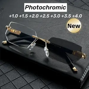 Outdoor Smart Photochromic Reading Glasses, Rimless Lightweight Anti-Blue Ray Presbyopia Eyewear, +4.0 Diopter Finished Cutting Far Sight Glasses Clear