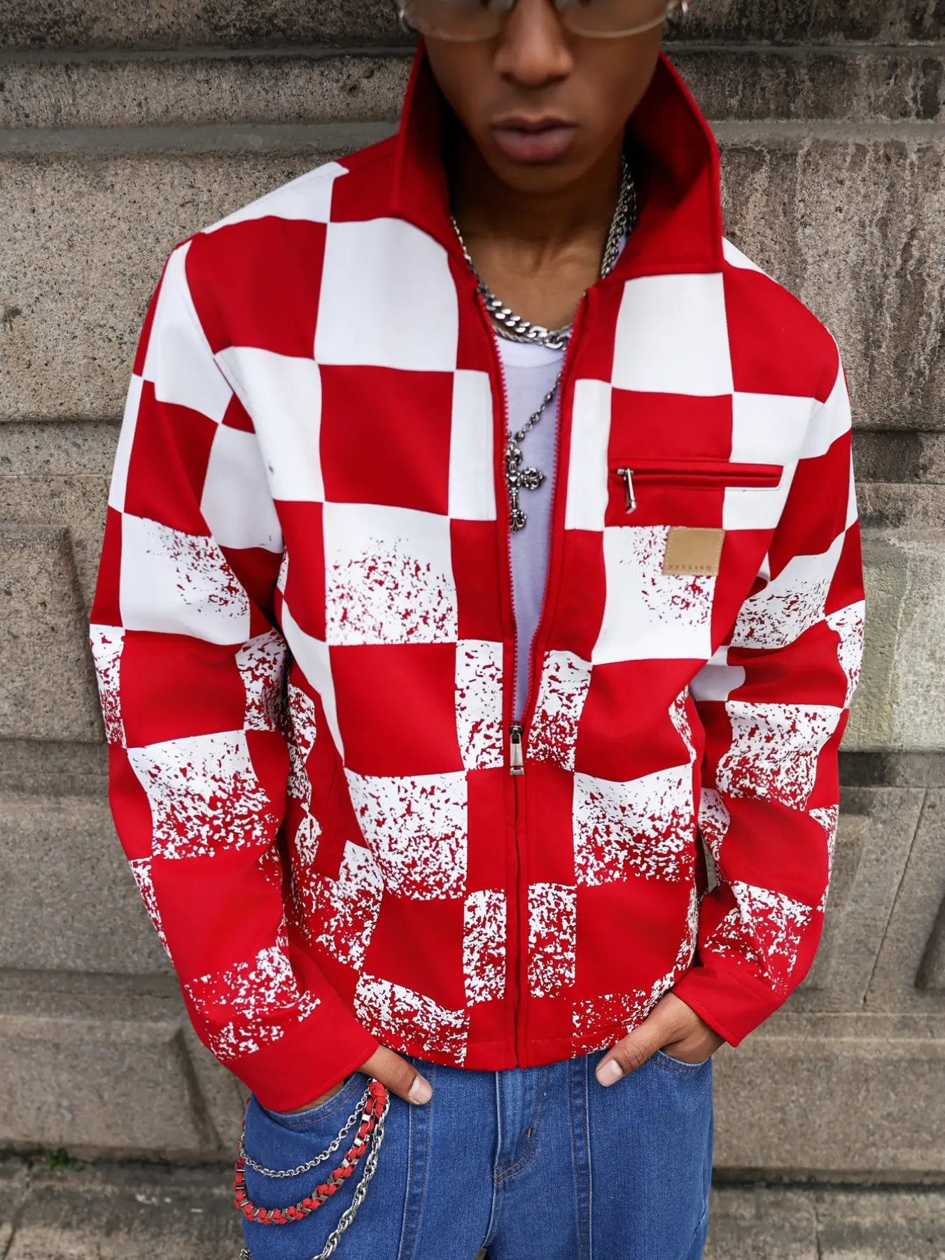 Men's Checkered Jacket, Spring Fall Colorblock Baseball Coat, Vintage Fashion Casual Outerwear, Must-Have Loose Zipper Jacket
