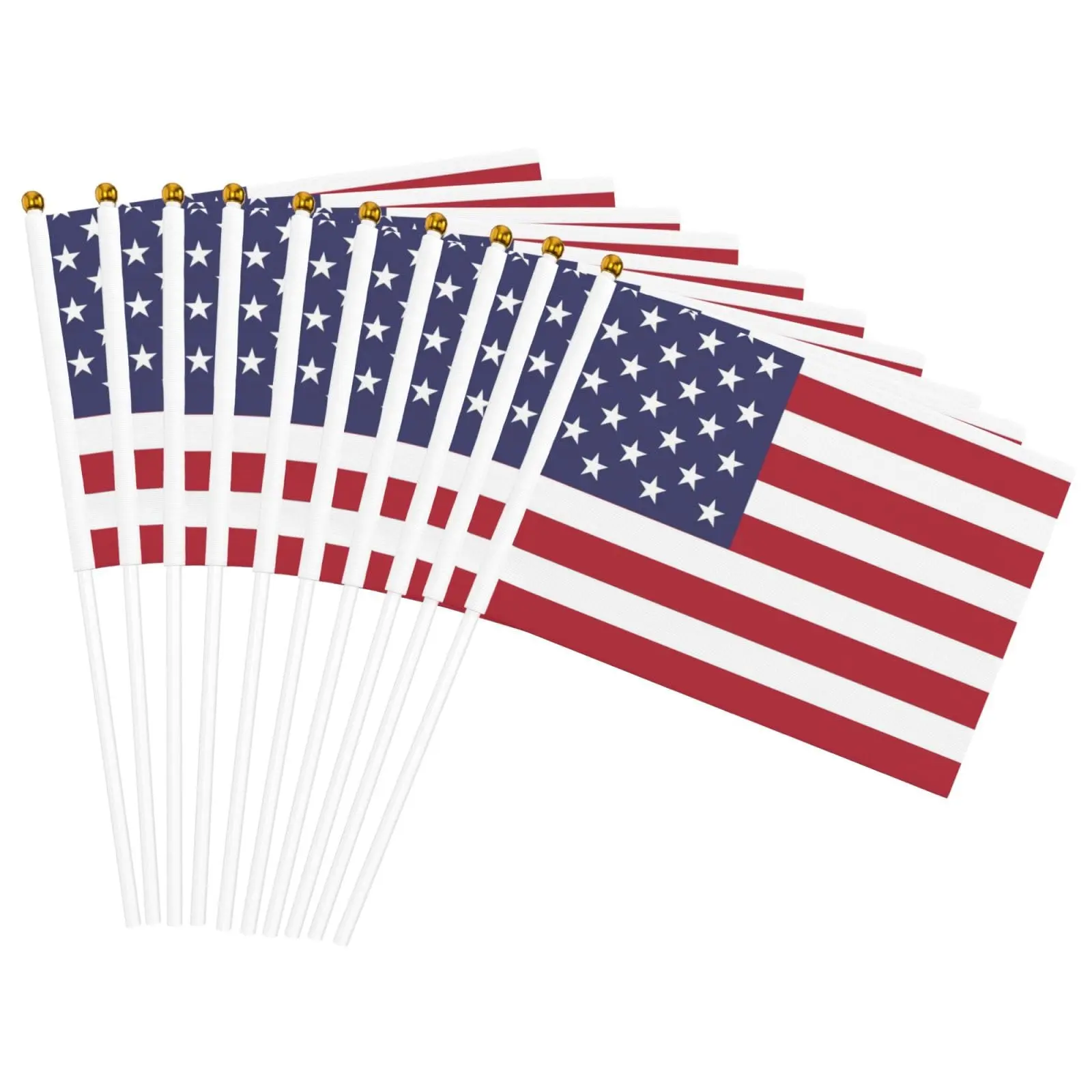 10 Pcs Patriotic Hand Held Flags, 5.5 x 8.2 Inch Waterproof Polyester Small Stick Flags with 11.8 Inch Poles, Vivid Color Durable Waving Flags for National Day, Sports Events & Party Celebrations