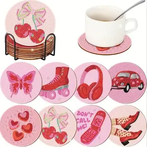Valentine's Day Diamond Painted Coaster Set, Sparkling Rhinestone Heat Resistant Drink Mats with Stand, DIY Craft Kit for Beginners