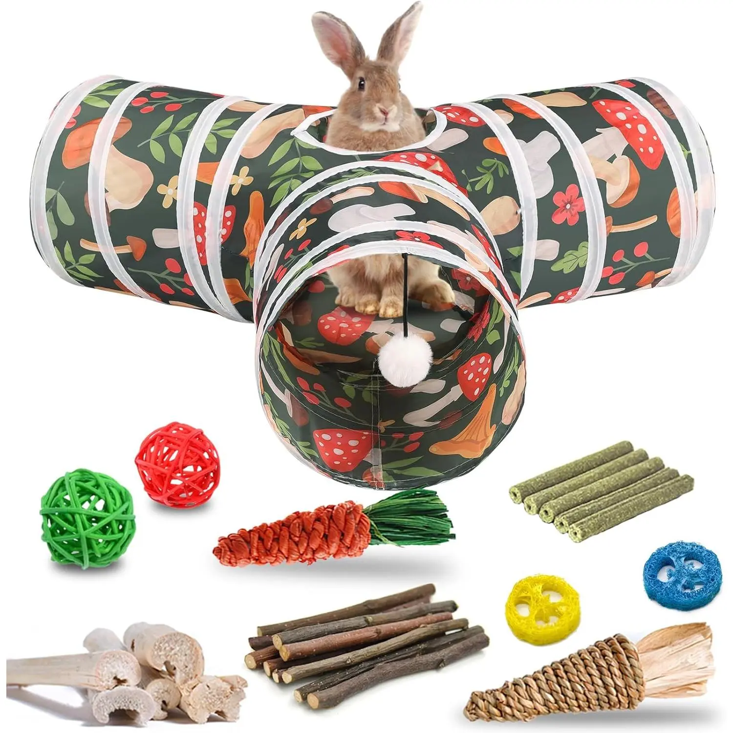 Rabbit Toys, Bunny Tunnel & Tube, Collapsible 3 Way Rabbit Hideout Tunnel with   for Bunny Guinea Pig Ferret Kitten