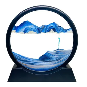 Moving Sand Art Picture in Motion Round Glass 3D Deep Sea Landscape, Dynamic Sand Art Sandscapes, Sensory Relaxing Desktop Table Decor Desk Decor Art Desk