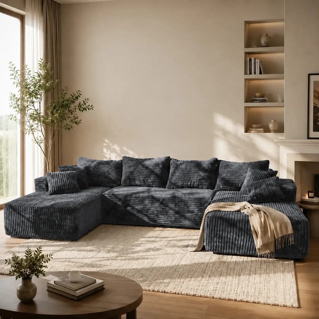 【No Assembly Required】133" Boneless Cloud Couch, Modular U-Shaped Sectional Sofa with Chaise, No Assembly Required Deep Seating Living Room Couch, Plush Corduroy Fabric Upholstered Sofa for Apartment