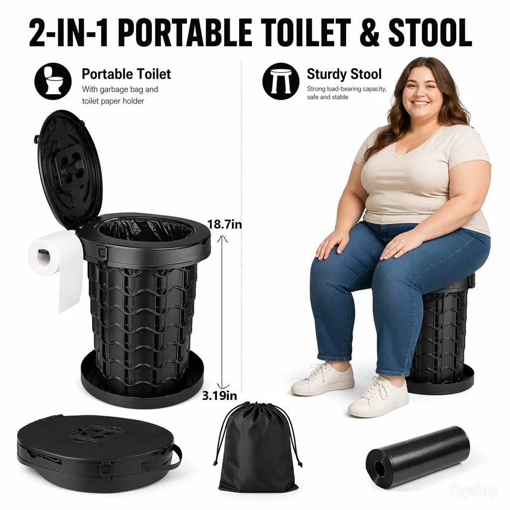 2-in-1 Toilet and Stool, Heavy-Duty Telescoping Portable Toilet, Travel Toilet (440lb), Height-Adjustable Adult Camping Toilet (3.19–18.7 inches), Foldable Portable Toilet, Outdoor Foldable Portable Toilet Suitable for Camping/Cars/Boats/Tents
