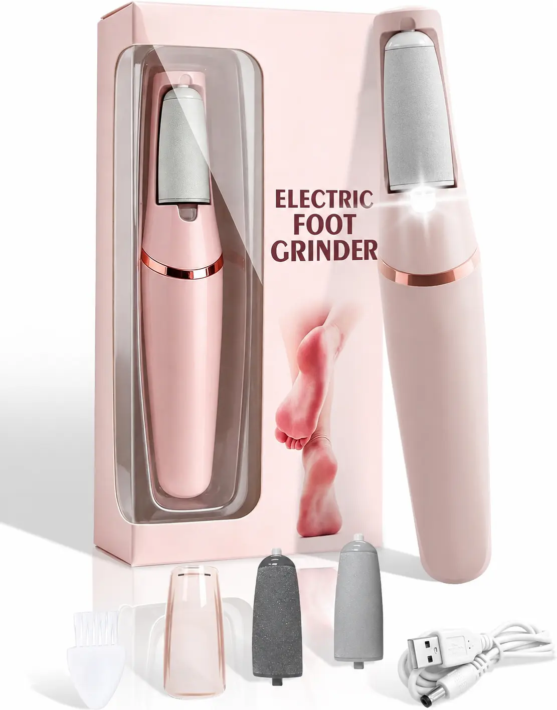 Rechargeable Electric Foot File Charger Electric Foot Callus Remover, Electric Foot Grinder Electric Digital Sharpening Stepping Stone Home Pedicure Tool for Men Women Rough Heel Skin Removal Pink