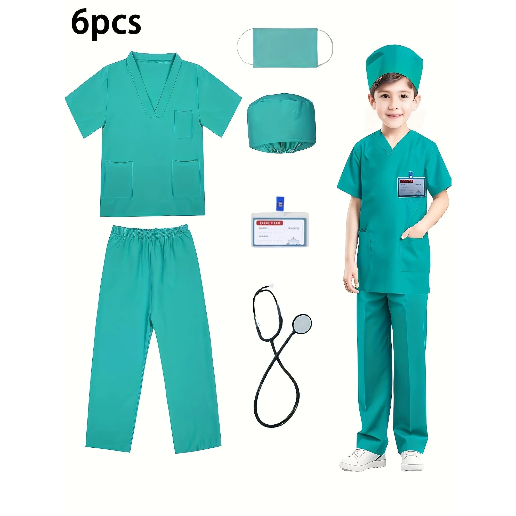 Boys' 6-Piece Doctor Role Play Party Costume Set, Children's Pretend Play Outfit with Top, Pants, Hat, Mask, Name Badge, Stethoscope for Stage Dress Up