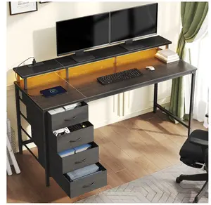 40-Inch Computer Desk with Power Outlets and LED Lights, Gaming Desk with 4 Drawers and Monitor Stand for Small Spaces, Black
