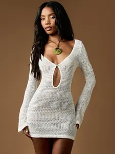 MISSGUIDED Crochet Knit Mini Dress With Bell Sleeves And Plunge Neck
