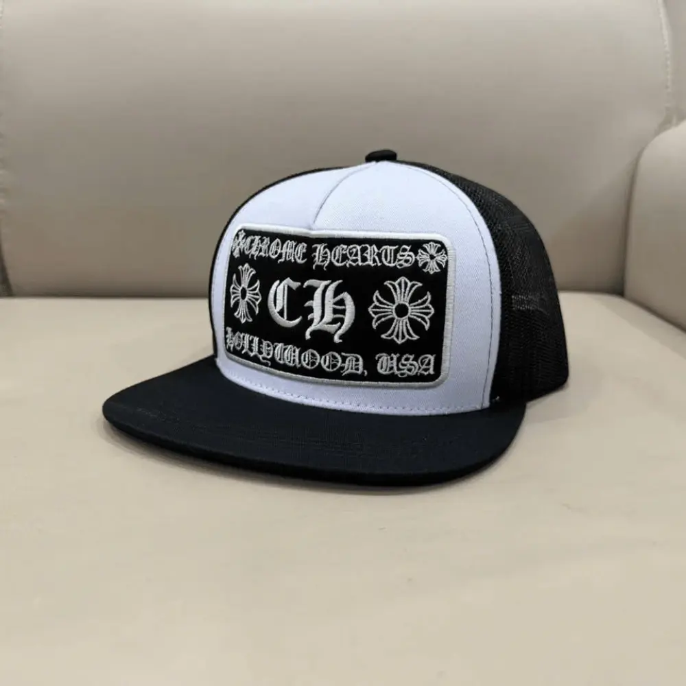 Chrome Hearts Trucker Hat – Gothic Embroidered Patch Mesh Baseball Cap with Flat Brim, Adjustable Back, Unisex Streetwear Snapback Hat for Casual Outfits & Everyday Wear, Black or White
