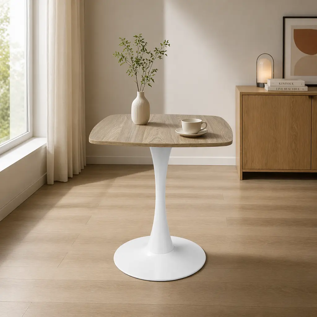 24" Square Tulip Dining Table, Mid-Century Modern Bistro Table with MDF Tabletop & Matte White Metal Pedestal Base, Space-Saving Kitchen Table for 2, Compact Breakfast Table for Small Apartments, Cafe, Living Room, Easy Assembly,