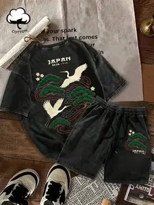 Men's Japanese Crane Pine Two-Piece Set, Loose T-Shirt & Shorts, Graphic Ukiyo-E Print 'japan' Text, Oriental Aesthetic Street Style Summer