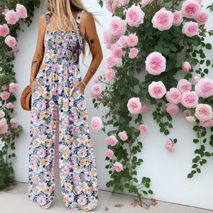 Women’s casual loose overalls/jumpsuit one-piece, sleeveless, printed wide-leg long pants romper with pockets; women’s sleeveless blouse and pants set; solid-color vest outfit sets for women