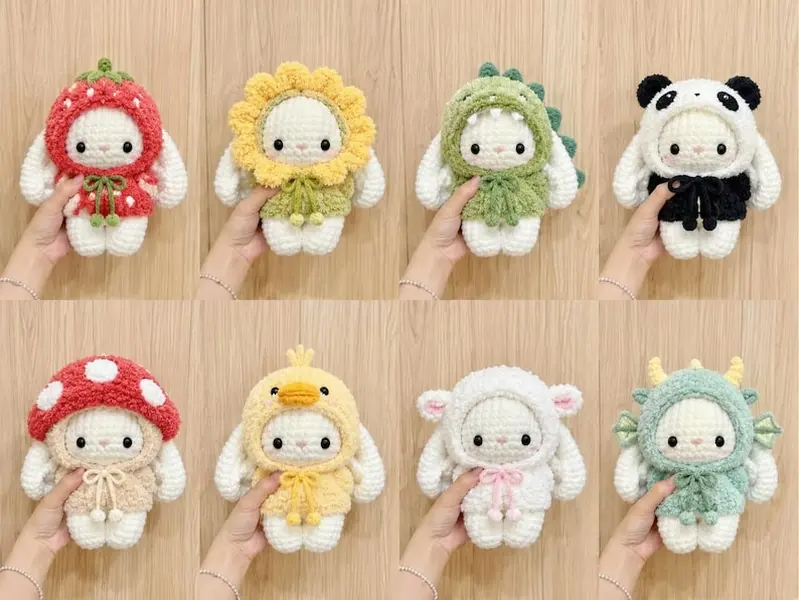 Kawaii Crochet Bunny Plush in Animal Costume, Amigurumi Stuffed Rabbit Toy, Cute Strawberry Dinosaur Duck Bunny Gift, Nursery Room Decor