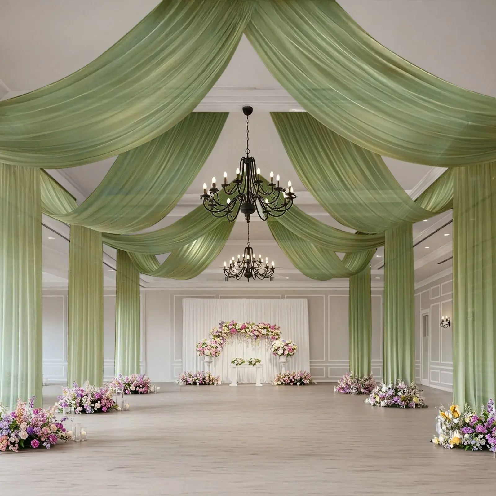 Sheer Wedding Arch Drape - 5ftx32ft Dusty Sage Green Sheer Curtain Backdrop, Ceiling Drapery Panel for Quinceanera Decorations, Bridal Showers, Corporate Events, Graduations, Party Background Decoration, Easy To Clean