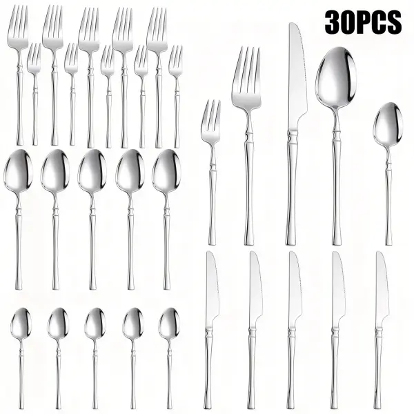 30-Piece Silver Flatware Set, Stainless Steel Cutlery, Fork Spoon Knife Kitchen Utensils（Without gift box packaging）