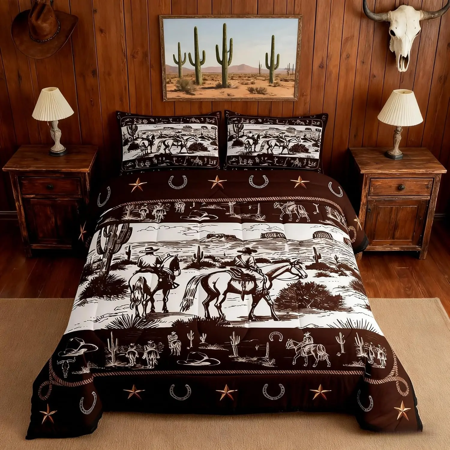 Cowboy Comforter Set,Western Cowboy Horse Bedding Set,Rustic Farmhouse Wild West Cactus Brown Down Comforter for All Season,Room Decor