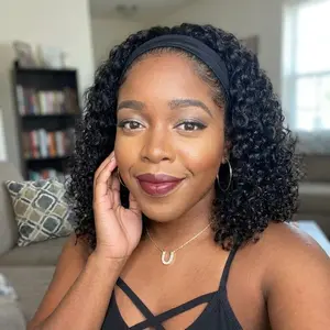 Deep Wave Headband Wig Human Hair 12 Inch Curly Headband Wigs for Black Women Human Hair Glueless None Lace Front Wigs Brazilian Virgin Hair Wig Machine Made 180% Density Natural Black Color