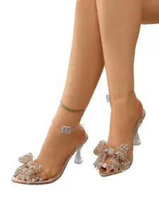 Women's Stiletto Heel Bow Design PVC Fabric High Heeled Sandals, & Plain Pattern, Comfortable Breathable Slip-On Shoes