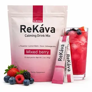 ReKava Calming Drink Mix, Powdered Drink for You Relax with Kava Root Extract, Ashwagandha, L-theanine, Lemon-Balm, Alcohol-Alternative Mixed Berry Flavor 15 Stick Packs - 0.2 Oz (5g)